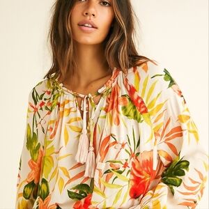 Style & Co Muted Pink Floral Blouse w/ Tassel Tie & Ruffle Detail – Size XS